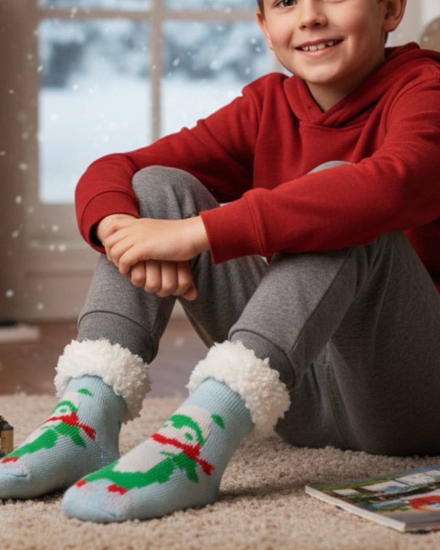 Ultra-Soft Plush Fleece Kids' Cozy Socks in Light Blue with Festive Character Motif and Sherpa Cuff