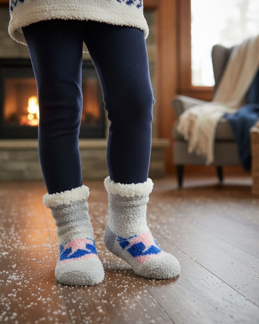 Ultra-Soft Plush Fleece Cozy Socks in Grey with Knit-In Winter Motif and Fluffy Sherpa Cuff