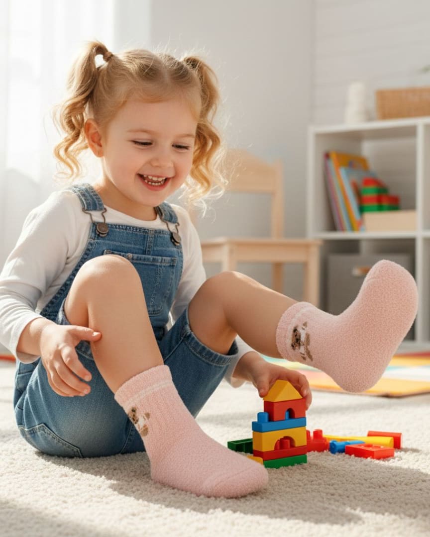 Soft Blush Pink Fuzzy Kids Socks | Teddy Bear Ankle Lounging Socks