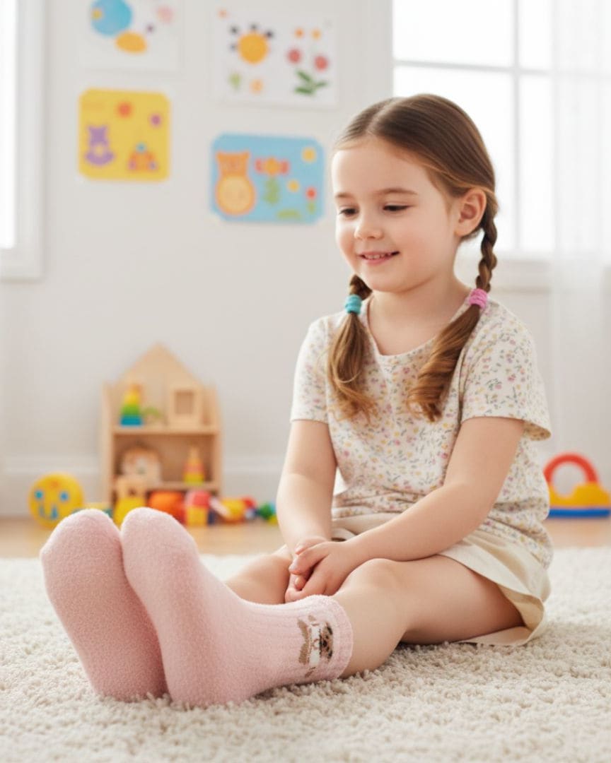 Soft Blush Pink Fuzzy Kids Socks | Teddy Bear Ankle Lounging Socks thumbnail 3