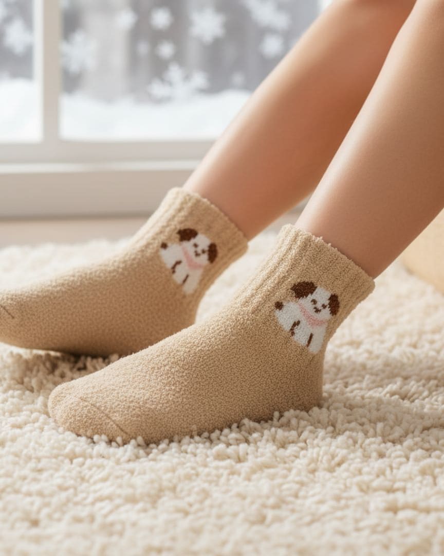 Warm Beige Kids Winter Woolen Terry Socks with Puppy Design thumbnail 3