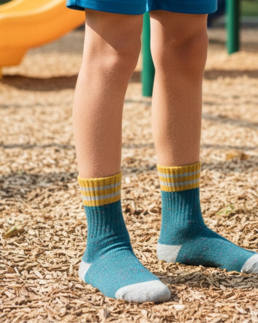 Speckled Teal Kids Socks | Mustard & Grey Striped Athletic Crew Socks main view