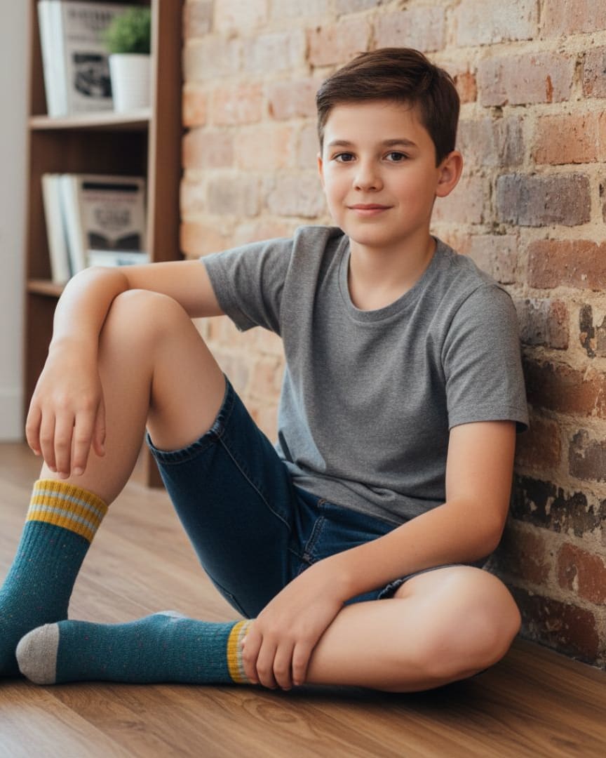 Speckled Teal Kids Socks | Mustard & Grey Striped Athletic Crew Socks thumbnail 2