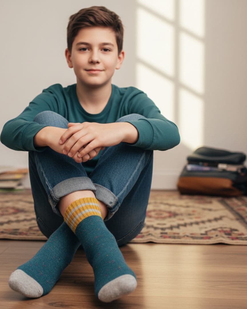 Speckled Teal Kids Socks | Mustard & Grey Striped Athletic Crew Socks thumbnail 3
