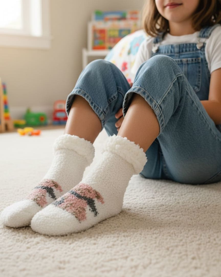 Luxurious Plush Fleece Cozy Socks in White with Knit-In Pink/Grey Pattern and Fluffy Sherpa Cuff – Cabin Loungewear