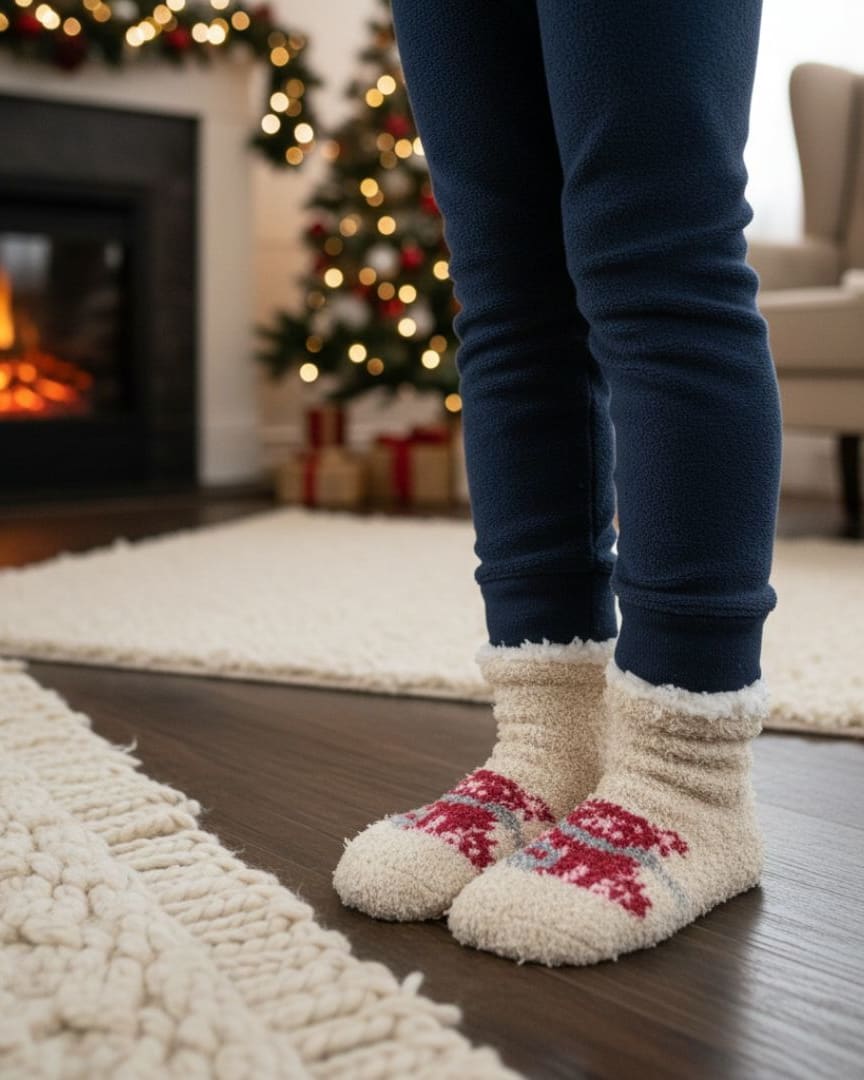 Ultra-Soft Plush Fleece Slipper Socks in Cream with Festive Red Knit Pattern and Sherpa Lining – Christmas Loungewear