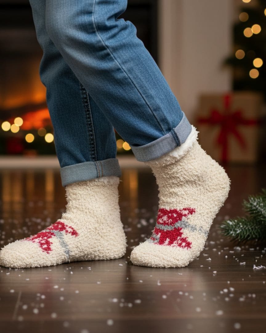 Ultra-Soft Plush Fleece Slipper Socks in Cream with Festive Red Knit Pattern and Sherpa Lining – Christmas Loungewear