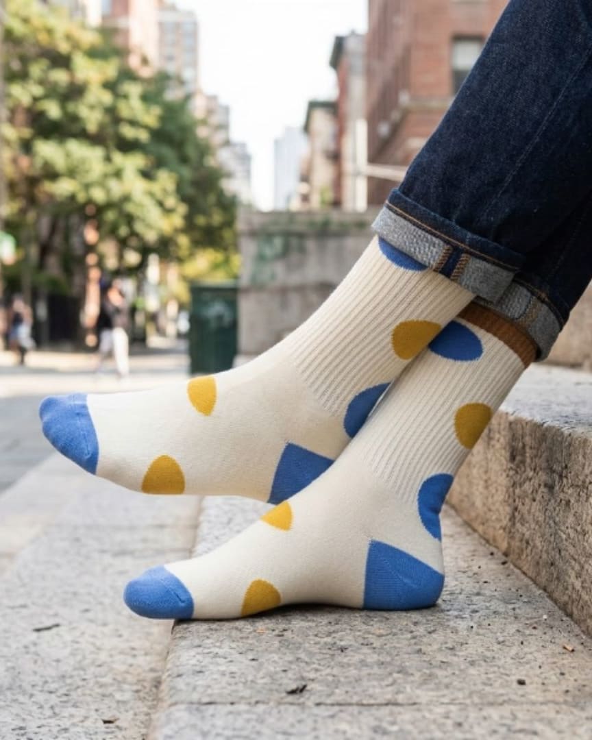 Retro Polka Dot Crew Socks – Beige with Blue & Yellow Dots thumbnail 4