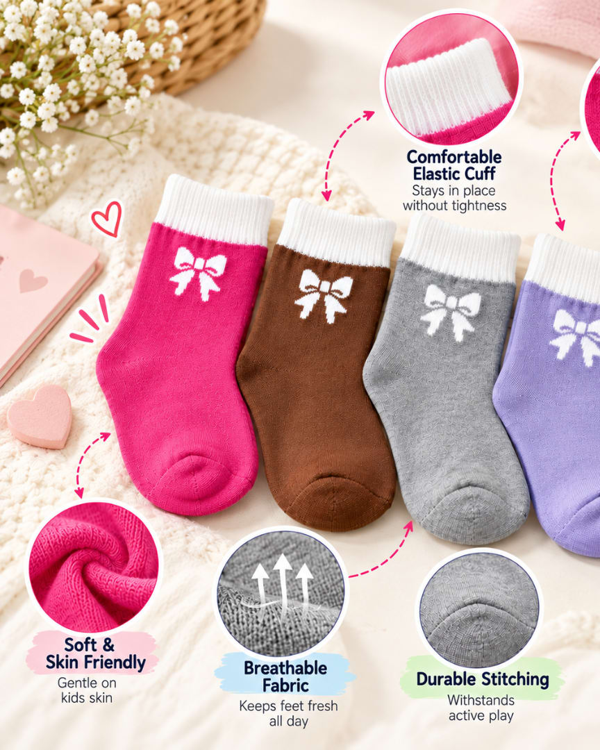 FeetbyFoot Kids Socks for Girls – Cute Bow Design, Soft & Breathable Fabric, 4 Pairs Pack thumbnail 3