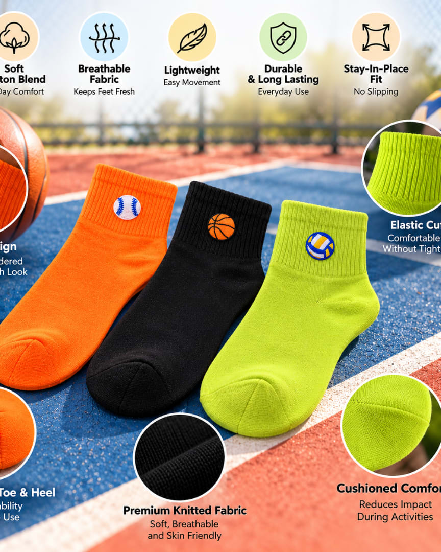 Unisex Cotton Ankle Sports Socks Pack of 3, Embroidered Sports Design Socks for Men & Women thumbnail 3