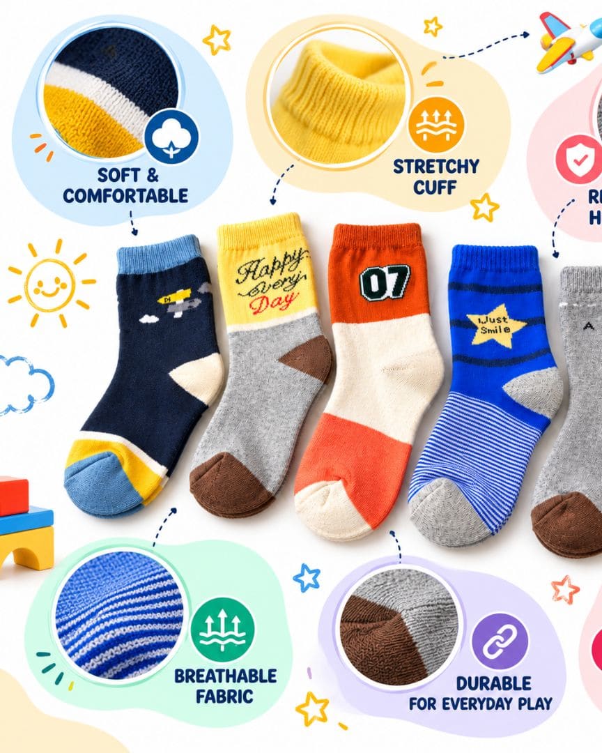 Kids Cotton Crew Socks Pack of 5 Pairs, Unisex Socks for Boys & Girls thumbnail 3