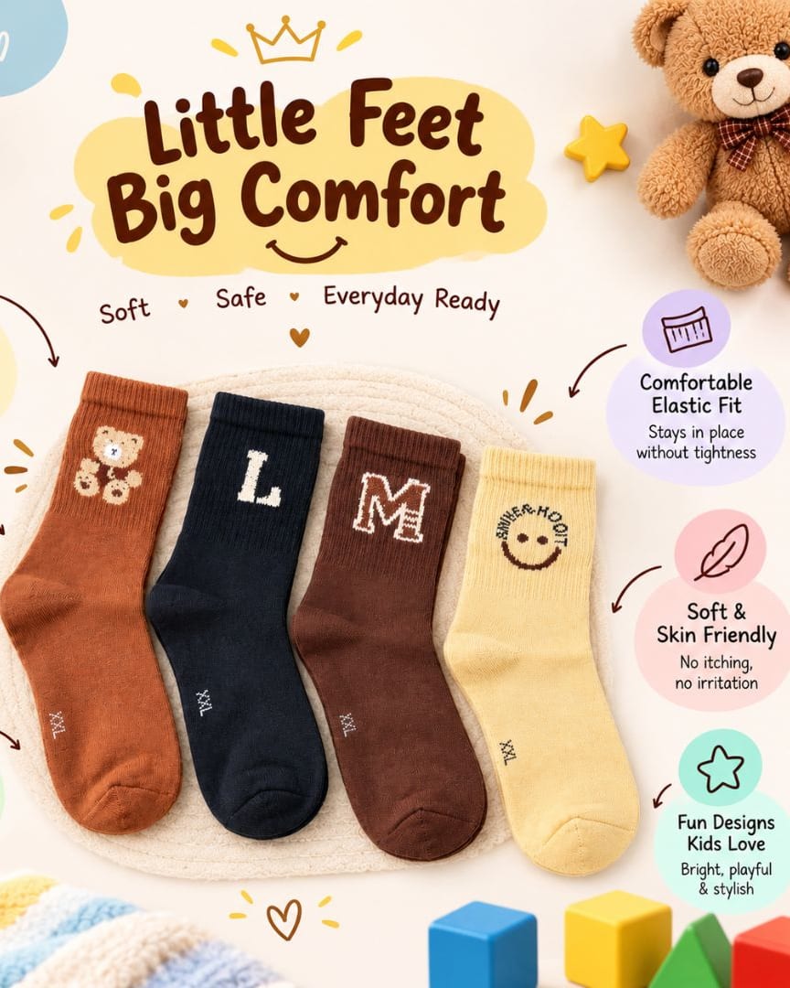 Kids Cotton Crew Socks Pack of 4 Pairs, Unisex Socks for Boys & Girls thumbnail 3