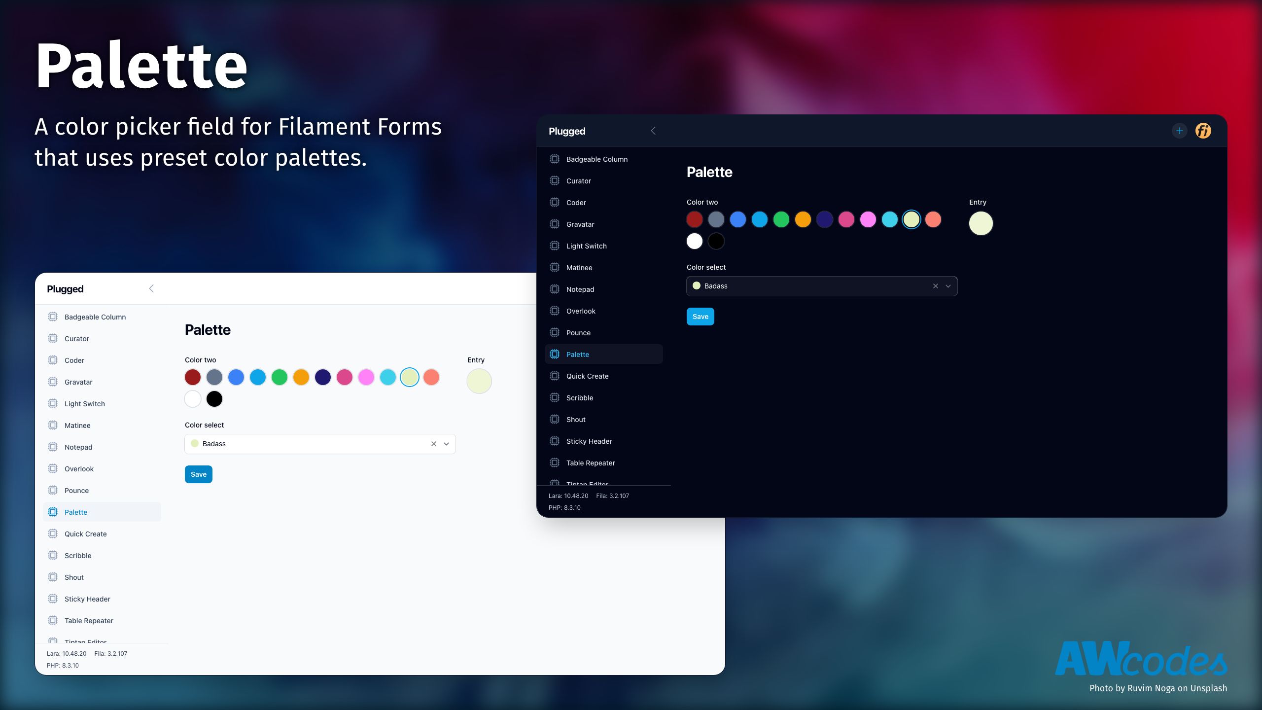 screenshots of palette in a filament panel