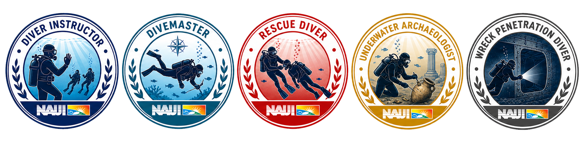 NAUI certification badges: Diver Instructor, Divemaster, Rescue Diver, Underwater Archaeologist, Wreck Penetration Diver
