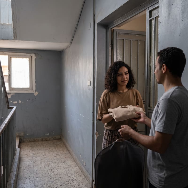 A customer swapping a garment with the courier at her door