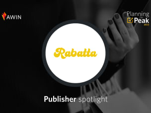 Publisher spotlight featuring Rabatta logo and person holding shopping bags