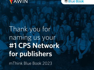 Banner with a dark blue background featuring Awin employees, thanking for the #1 CPS Network for Publishers nomination