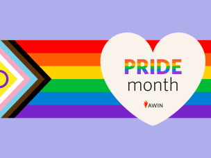 The LGBTQIA+ flag with AWIN logo proudly represented at Awin during Pride Month celebrations
