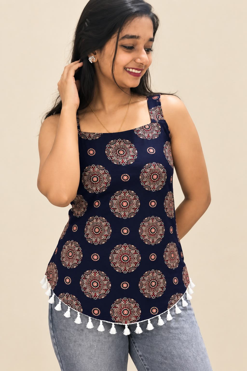 Women’s Flower printed blue cotton short kurti