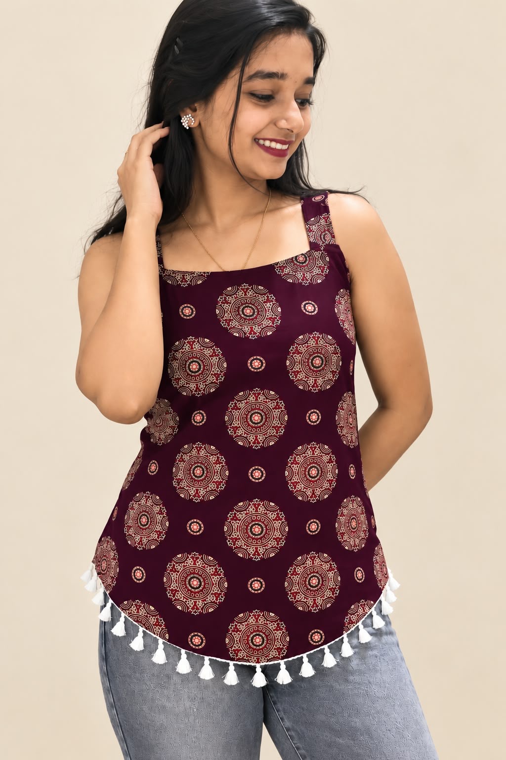 Women’s Flower printed brown cotton short kurti