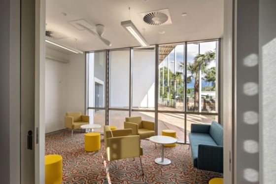 Quieter meeting areas have carpeted floors.