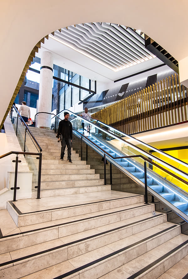 Front staircase with its brass fins - Rundle Mall Plaza, Adelaide