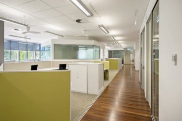 Timber flooring continues into the research work areas to form a visual connection with the public areas.