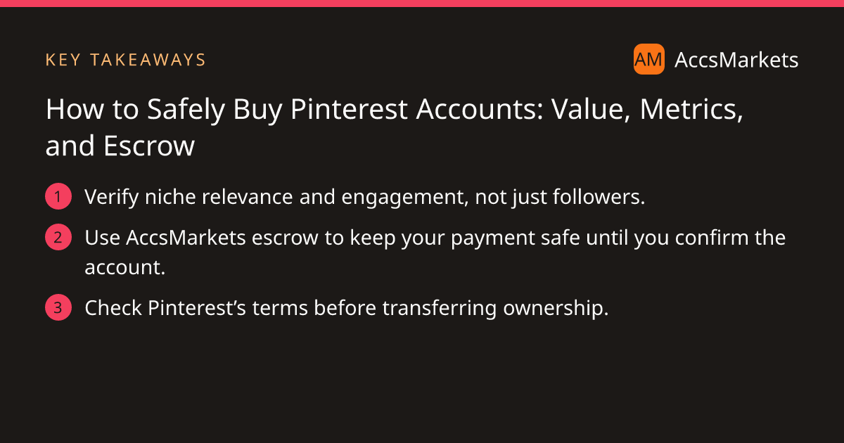 Key takeaways: Verify niche relevance and engagement, not just followers. Use AccsMarkets escrow to keep your payment safe until you confirm the account. Check Pinterest’s terms before transferring ownership.