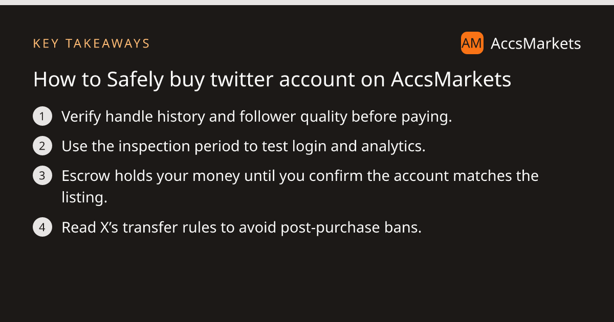 Key takeaways: Verify handle history and follower quality before paying. Use the inspection period to test login and analytics. Escrow holds your money until you confirm the account matches the listing. Read X’s transfer rules to avoid post‑purchase bans.