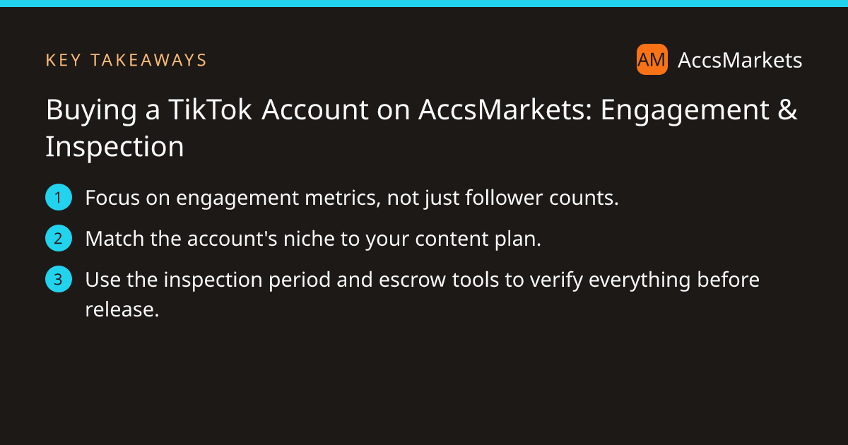 Key takeaways: Focus on engagement metrics, not just follower counts. Match the account's niche to your content plan. Use the inspection period and escrow tools to verify everything before release.