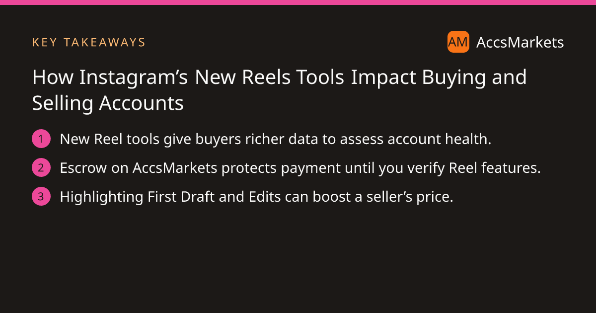 Key takeaways: New Reel tools give buyers richer data to assess account health. Escrow on AccsMarkets protects payment until you verify Reel features. Highlighting First Draft and Edits can boost a seller’s price.