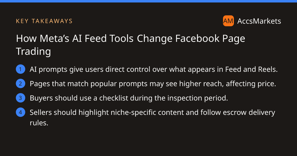 Key takeaways: AI prompts give users direct control over what appears in Feed and Reels. Pages that match popular prompts may see higher reach, affecting price. Buyers should use a checklist during the inspection period. Sellers should highlight niche‑specific content and follow escrow delivery rules.