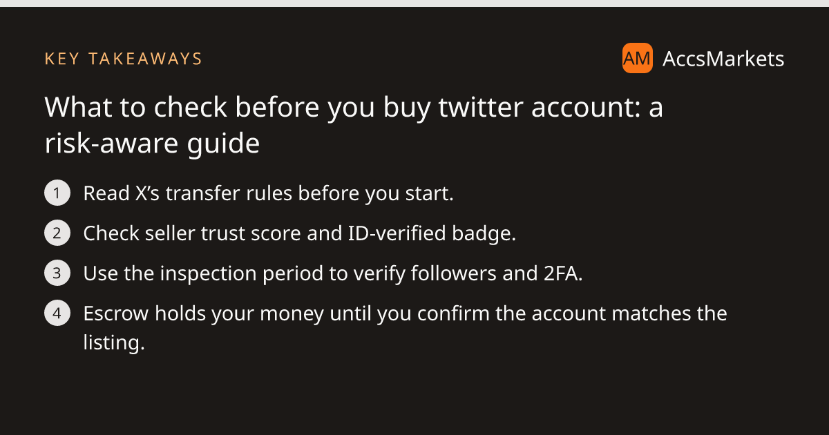 Key takeaways: Read X’s transfer rules before you start. Check seller trust score and ID‑verified badge. Use the inspection period to verify followers and 2FA. Escrow holds your money until you confirm the account matches the listing.