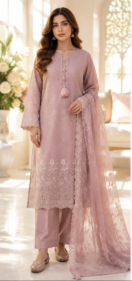 Embroidered Chikan Kari 3 Piece Suit