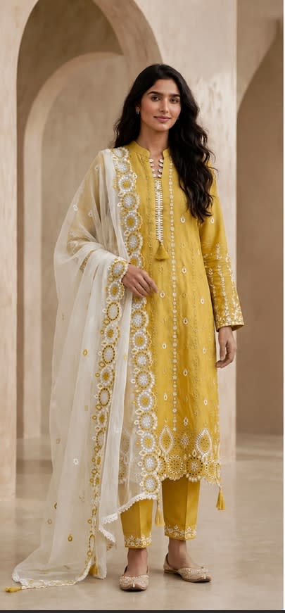 Embroidered Chikan Kari 3 Piece Suit