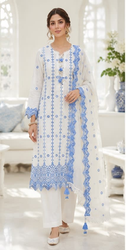 Embroidered Chikan Kari 3 Piece Suit