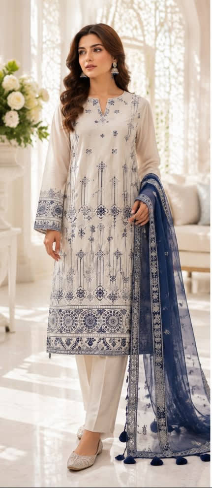 Embroidered Chikan Kari 3 Piece Suit