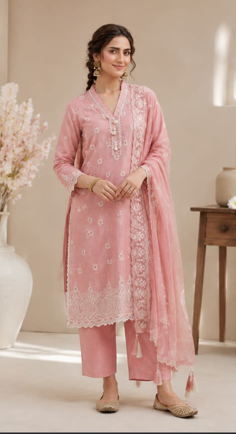 Embroidered Chikan Kari 3 Piece Suit