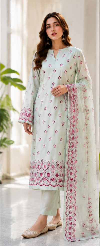 Embroidered Chikan Kari 3 Piece Suit
