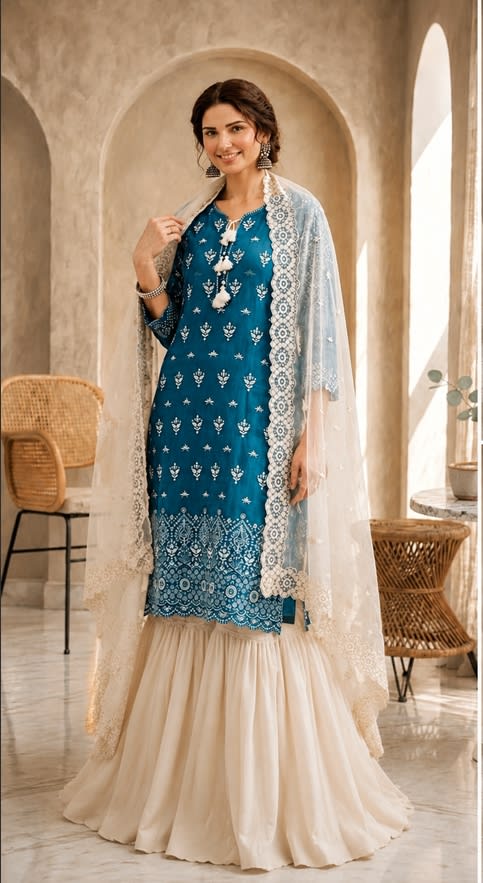 Embroidered Chikan Kari 3 Piece Suit