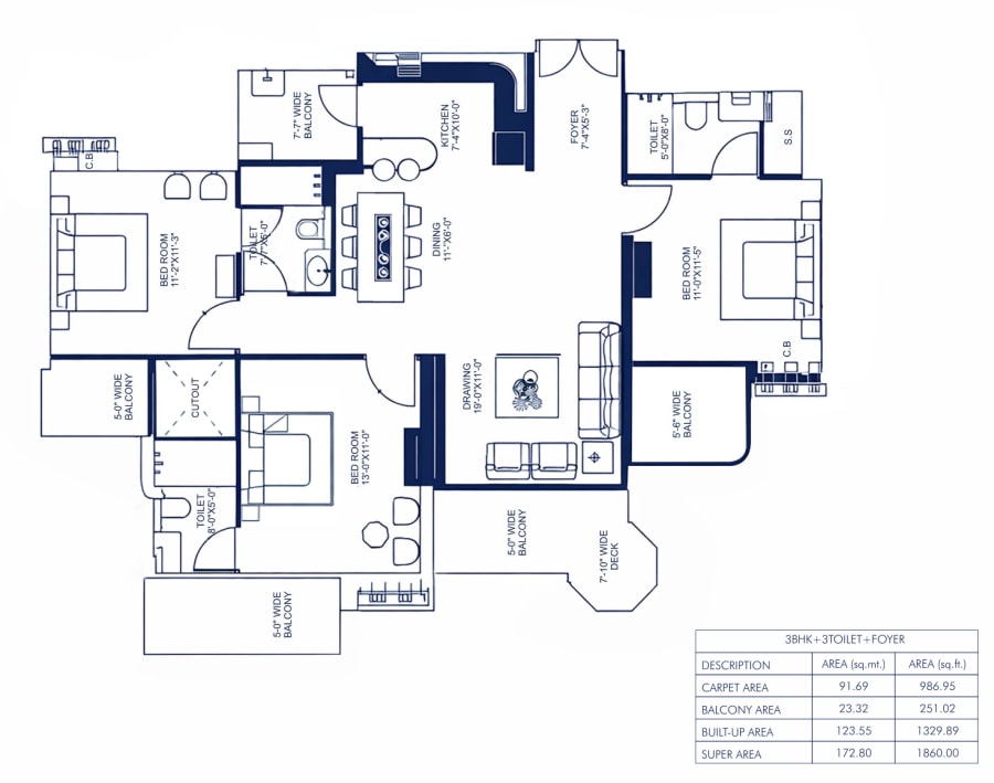 Yamuna 3BHK+3T floor plan