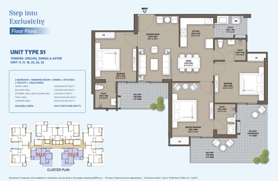 Estate 3BHK + 3T floor plan