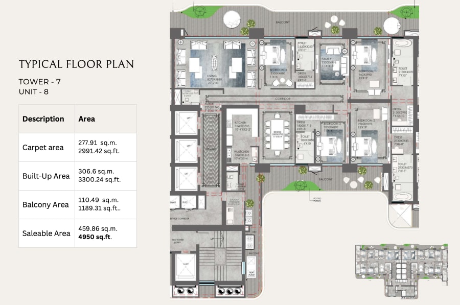 The Peridona 4BHK+U floor plan