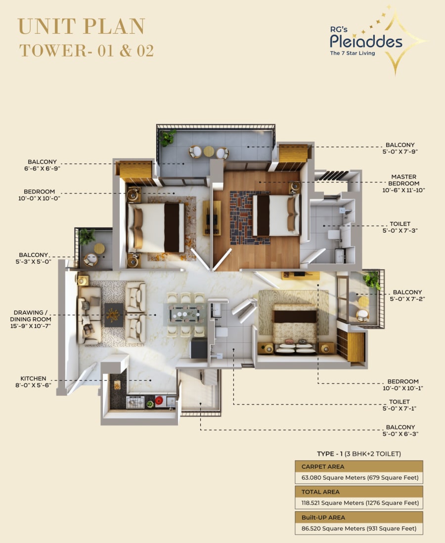 PLEIADDES 3BHK+2T floor plan