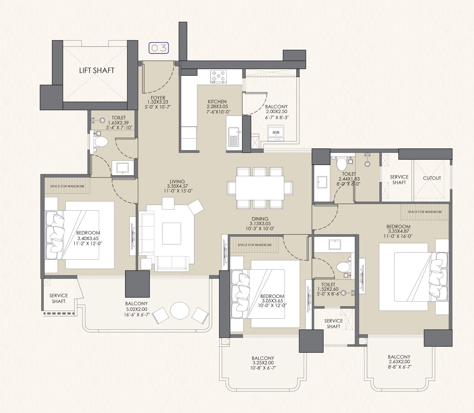 CHRYSALIS (Phase 1) 3BHK+3T floor plan