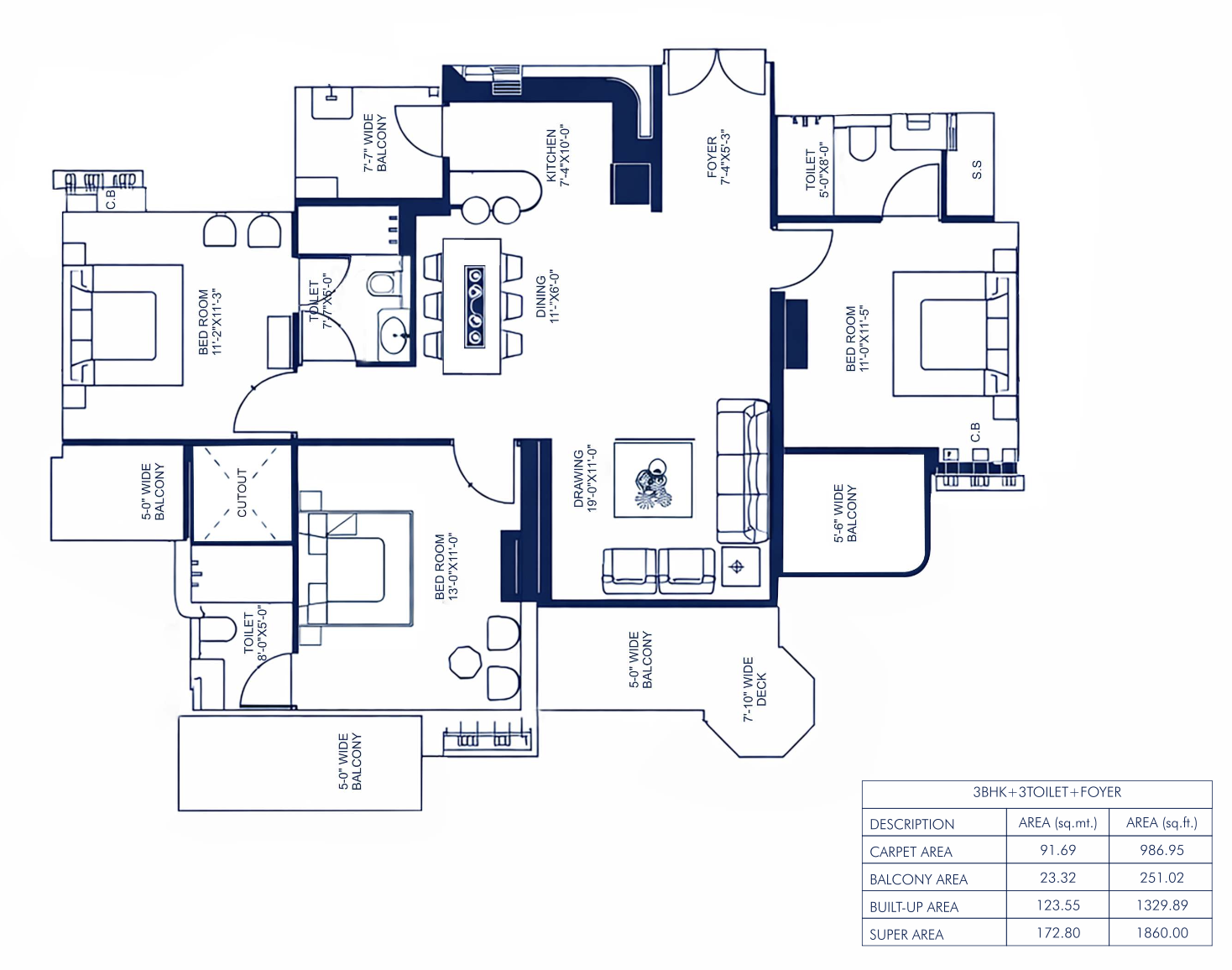Yamuna 3BHK+3T floor plan