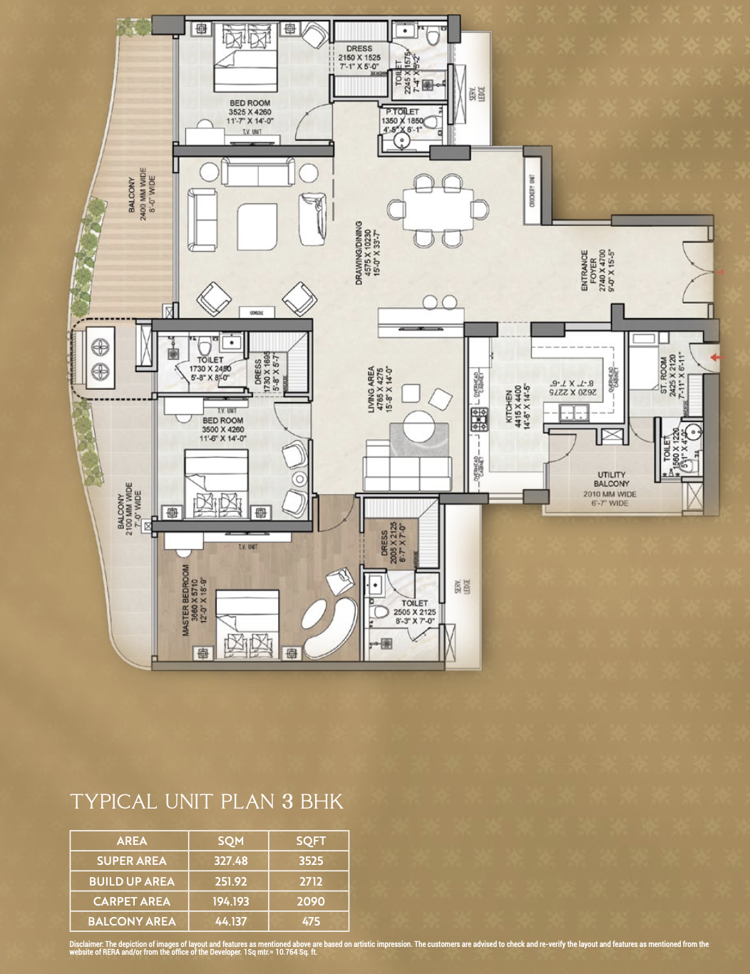 EKANAM 3BHK+3T+U floor plan