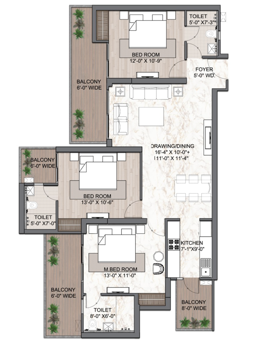 Green Hights 3BHK + 3T floor plan