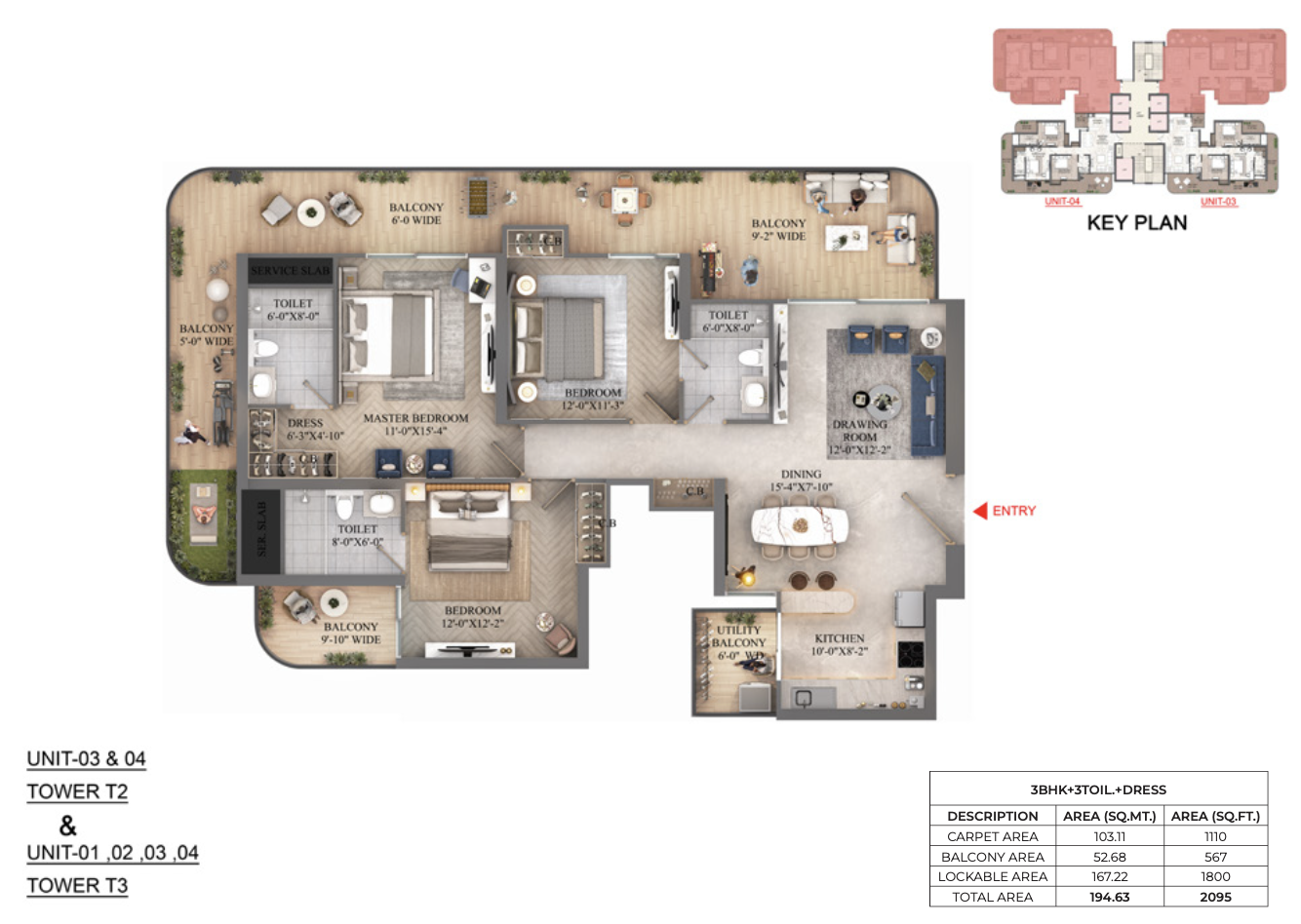Presidential Towers 3BHK+3T floor plan