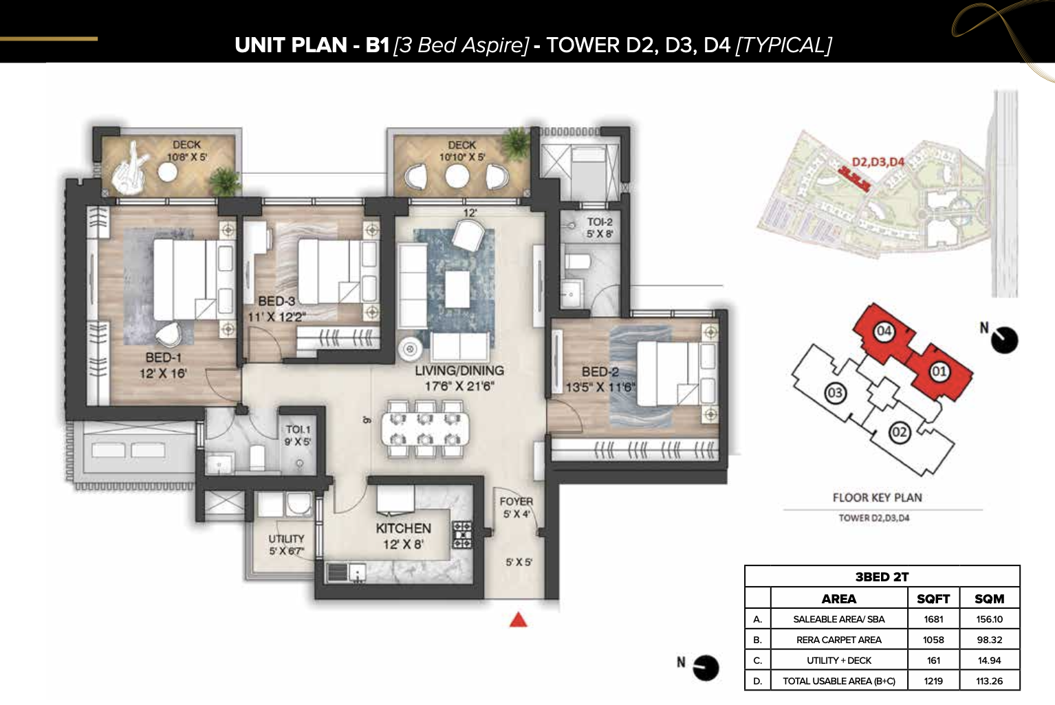 Oakwood 3BHK+2T floor plan